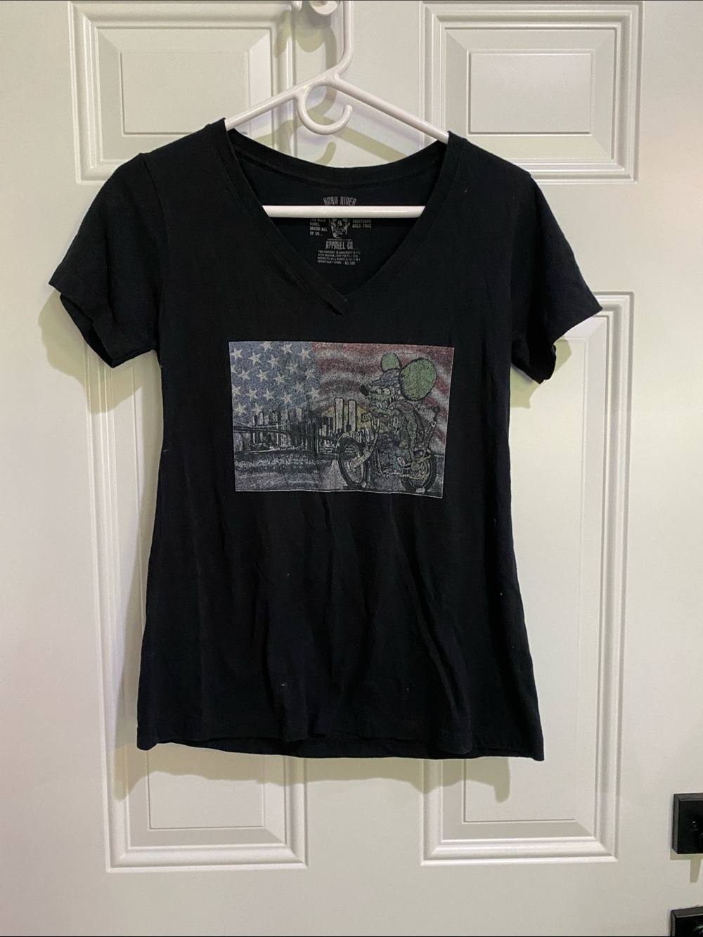 Black V-Neck Graphic Tee with City Flag Motif - Women